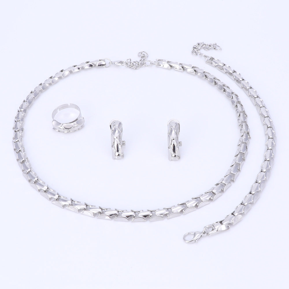 Gold/Silver Spine Link Necklace, Bracelet, Earrings & Ring Wedding Statement Jewelry Set-Jewelry Sets-Innovato Design-Silver-Innovato Design