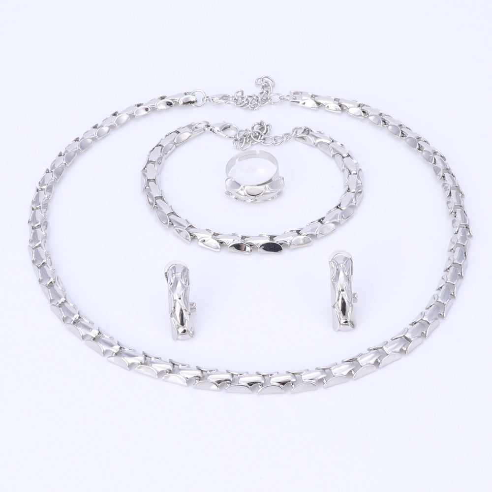 Gold/Silver Spine Link Necklace, Bracelet, Earrings & Ring Wedding Statement Jewelry Set-Jewelry Sets-Innovato Design-Silver-Innovato Design