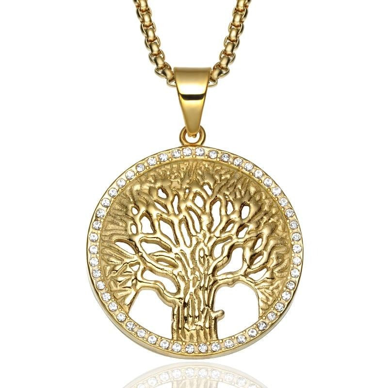 Paved Crystal-Studded Gold-Plated Tree of Life Bling Stainless Steel Hip-hop Pendant Necklace-Necklaces-Innovato Design-Innovato Design