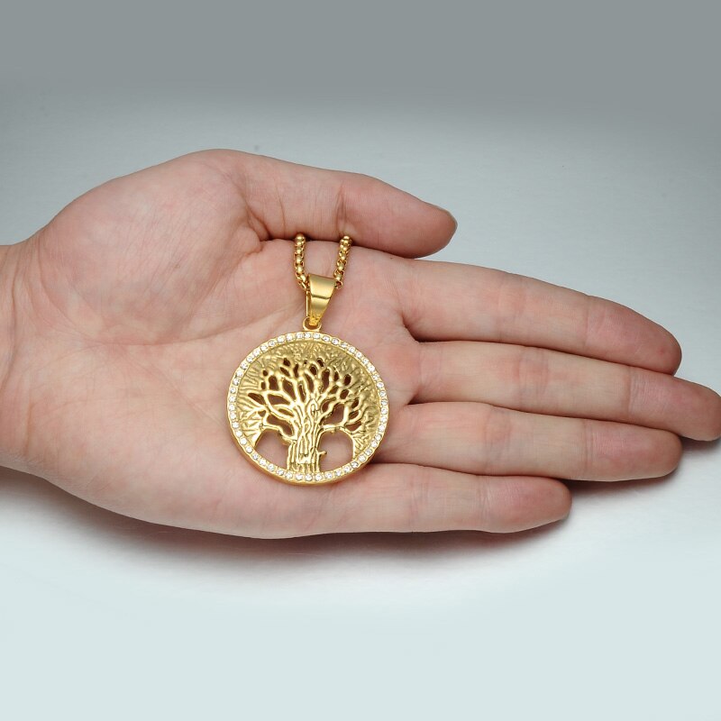 Paved Crystal-Studded Gold-Plated Tree of Life Bling Stainless Steel Hip-hop Pendant Necklace-Necklaces-Innovato Design-Innovato Design