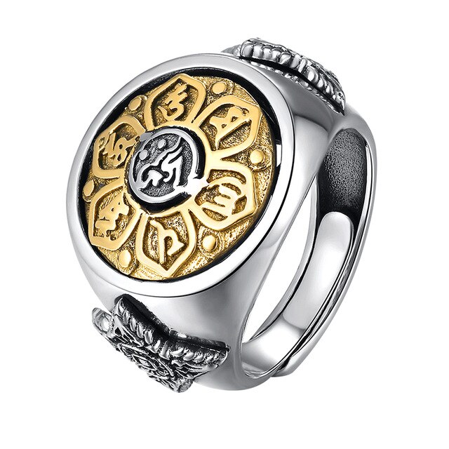Buddha Six Words Signet and Flower Spinner 925 Sterling Silver Vintage Rock Ring-Rings-Innovato Design-Resizable-Six Words 18g-Innovato Design