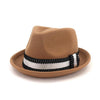 Flanged Manhattan Structured Wool Trilby Hat with Black and White Striped Hatband