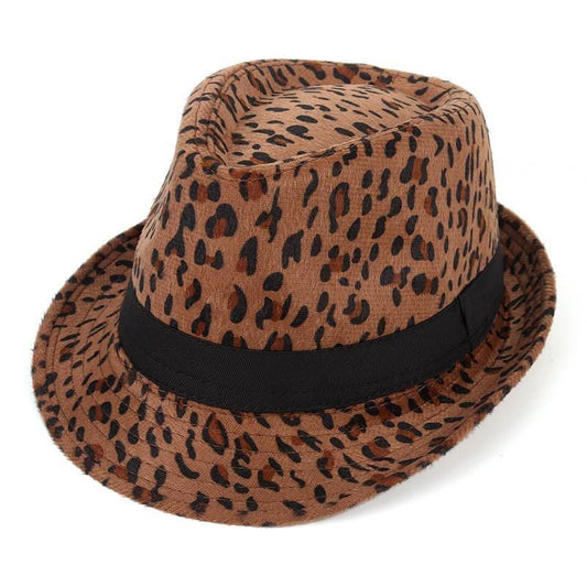 Vintage Wide Brim Leopard Print Fedora Trilby Hat with Black Hatband-Hats-Innovato Design-Khaki-Innovato Design