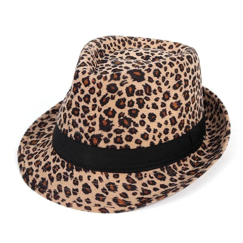 Vintage Wide Brim Leopard Print Fedora Trilby Hat with Black Hatband-Hats-Innovato Design-Khaki-Innovato Design
