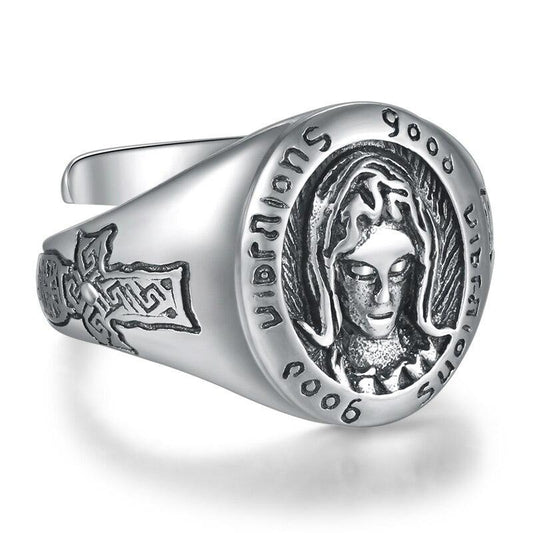 Blessed Virgin Mary and Cross 925 Sterling Silver Adjustable Retro Fashion Ring-Rings-Innovato Design-Innovato Design