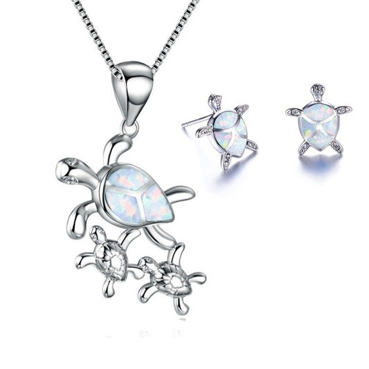 Classic Turtle Fire Opal Necklace & Stud Earrings Trendy Fashion Jewelry Set-Jewelry Sets-Innovato Design-White-Innovato Design