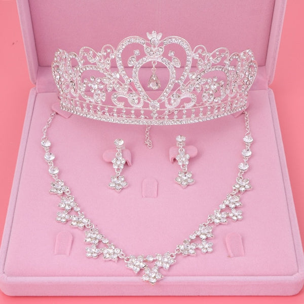 Gorgeous Heart, Crystal and Rhinestone Tiara, Necklace & Earrings Wedding Jewelry Set