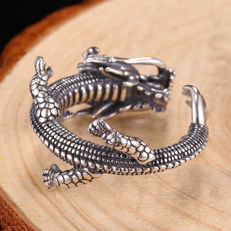 Dragon with Red Cubic Zirconia Eyes 925 Sterling Silver Vintage Biker Ring-Gothic Rings-Innovato Design-Innovato Design