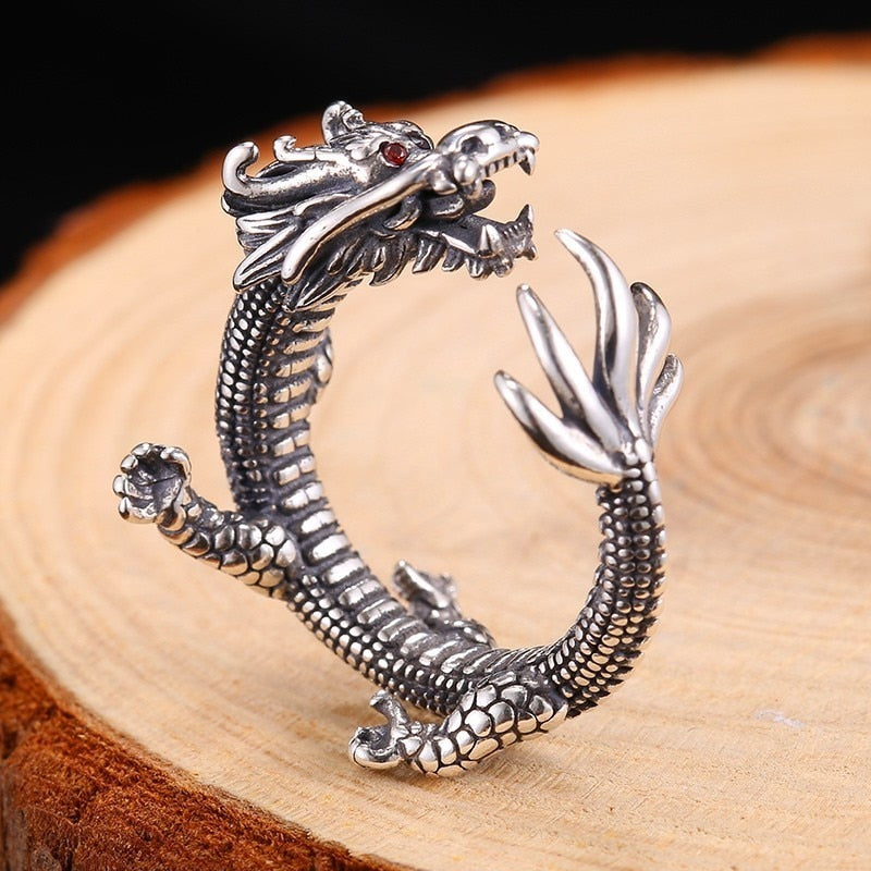 Dragon with Red Cubic Zirconia Eyes 925 Sterling Silver Vintage Biker Ring-Gothic Rings-Innovato Design-Innovato Design