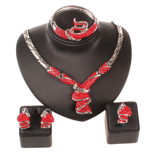 Silver-Plated Red Rhinestone Necklace, Bracelet, Earrings & Ring Wedding Statement Jewelry Set-Jewelry Sets-Innovato Design-Innovato Design