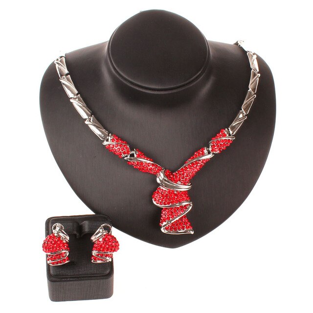 Silver-Plated Red Rhinestone Necklace, Bracelet, Earrings & Ring Wedding Statement Jewelry Set-Jewelry Sets-Innovato Design-Innovato Design