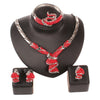 Silver-Plated Red Rhinestone Necklace, Bracelet, Earrings & Ring Wedding Statement Jewelry Set