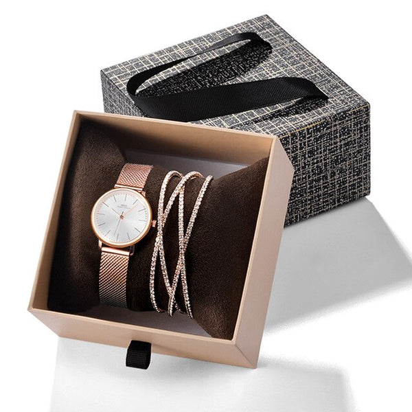 Women Rose Gold Quartz Watch and Multilayer Crystal Bracelet Jewelry Set-Jewelry Sets-Innovato Design-London-Innovato Design