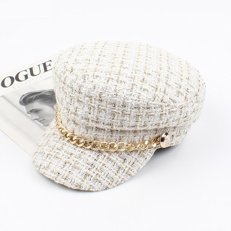 Plaid Tweed Flat Top Newsboy Cap with Chain-Hats-Innovato Design-White-Innovato Design