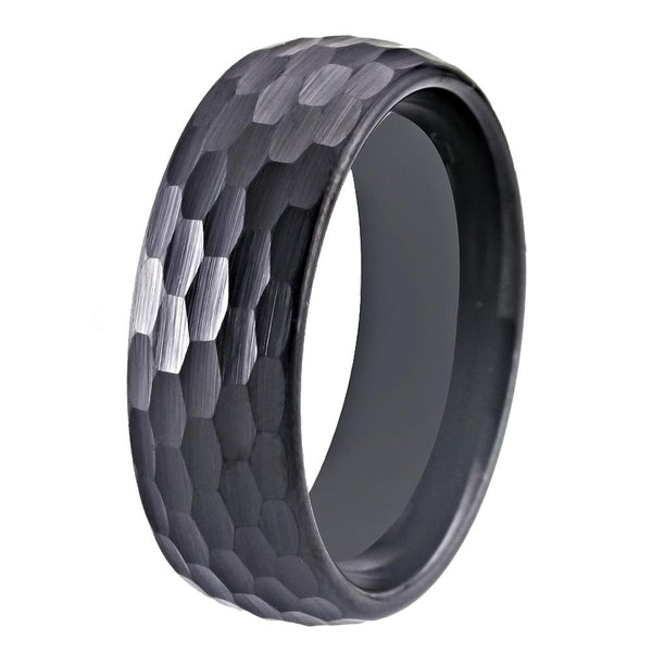 8mm Hammered and Domed Multi-Faceted Black-Plated Tungsten Wedding Ban ...