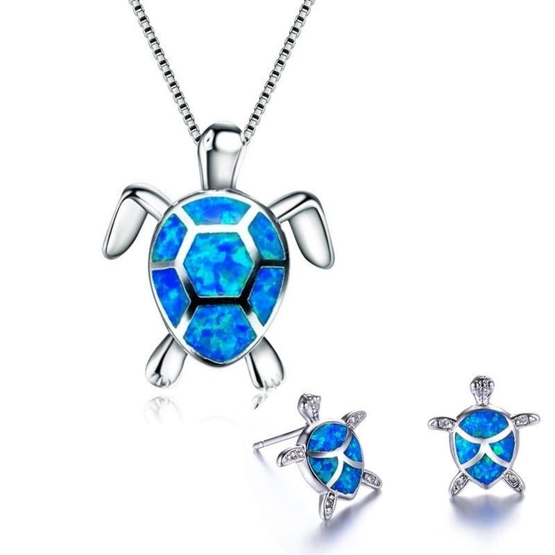 Classic Cute Sea Turtle Fire Opal Necklace & Stud Earrings Jewelry Set-Jewelry Sets-Innovato Design-Blue-Innovato Design