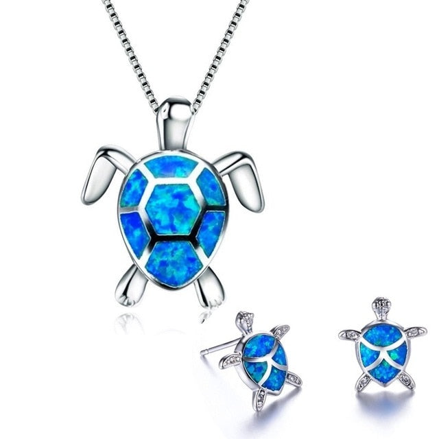 Classic Cute Sea Turtle Fire Opal Necklace & Stud Earrings Jewelry Set-Jewelry Sets-Innovato Design-Blue-Innovato Design