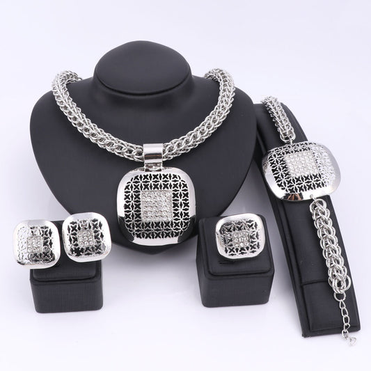 Silver-Plated Square Crystal Necklace, Bracelet, Earrings & Ring Wedding Statement Jewelry Set-Jewelry Sets-Innovato Design-Innovato Design