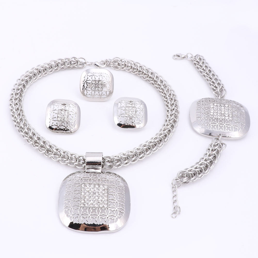 Silver-Plated Square Crystal Necklace, Bracelet, Earrings & Ring Wedding Statement Jewelry Set-Jewelry Sets-Innovato Design-Innovato Design