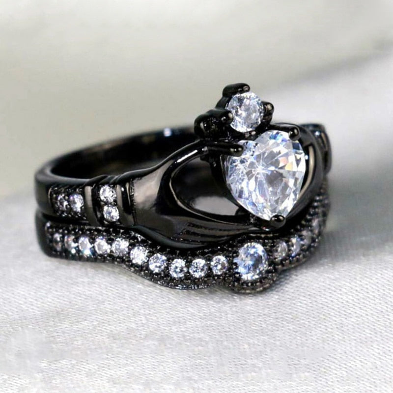 Silver Celtic Dragon Inlay and White Heart Cubic Zirconia Claddagh Stainless Steel Wedding Ring Set-Couple Rings-Innovato Design-6-5-Innovato Design