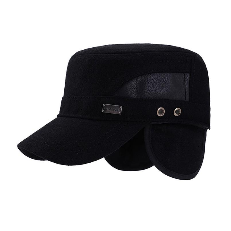 Classic Buckled Polyurethane Woolen Thick Army Military Hat with Earflaps-Hats-Innovato Design-Black-Innovato Design
