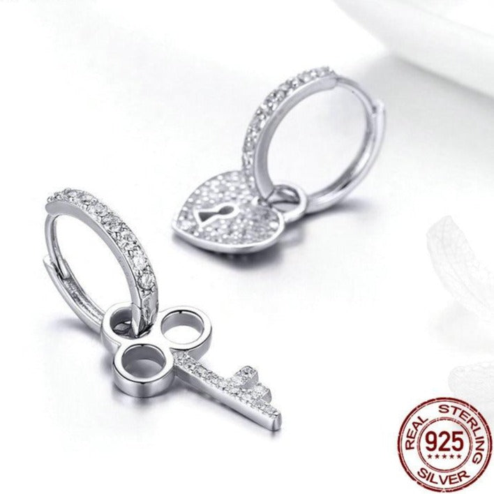 Cubic Zirconia Heart Shape Lock and Key 925 Sterling Silver Classic Wedding Drop Earrings-Earrings-Innovato Design-Innovato Design