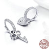 Cubic Zirconia Heart Shape Lock and Key 925 Sterling Silver Classic Wedding Drop Earrings