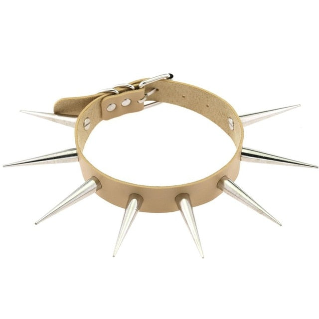 Big Metal Spike Stud Choker Collar PU Leather Gothic Hip-Hop Necklace-Necklaces-Innovato Design-Khaki-Innovato Design