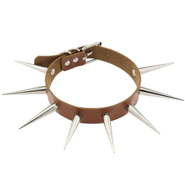 Big Metal Spike Stud Choker Collar PU Leather Gothic Hip-Hop Necklace-Necklaces-Innovato Design-Brown-Innovato Design