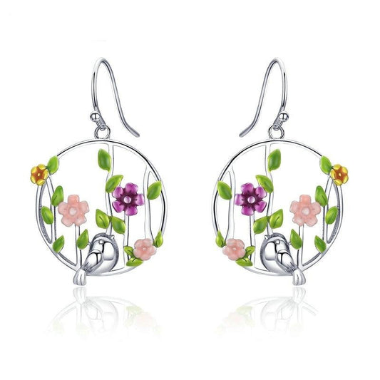 Blooming Forest with a Bird 925 Sterling Silver Drop Earrings-Earrings-Innovato Design-Innovato Design