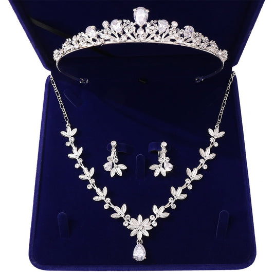 Crystal Leaf and Rhinestone Tiara, Necklace & Earrings Jewelry Set