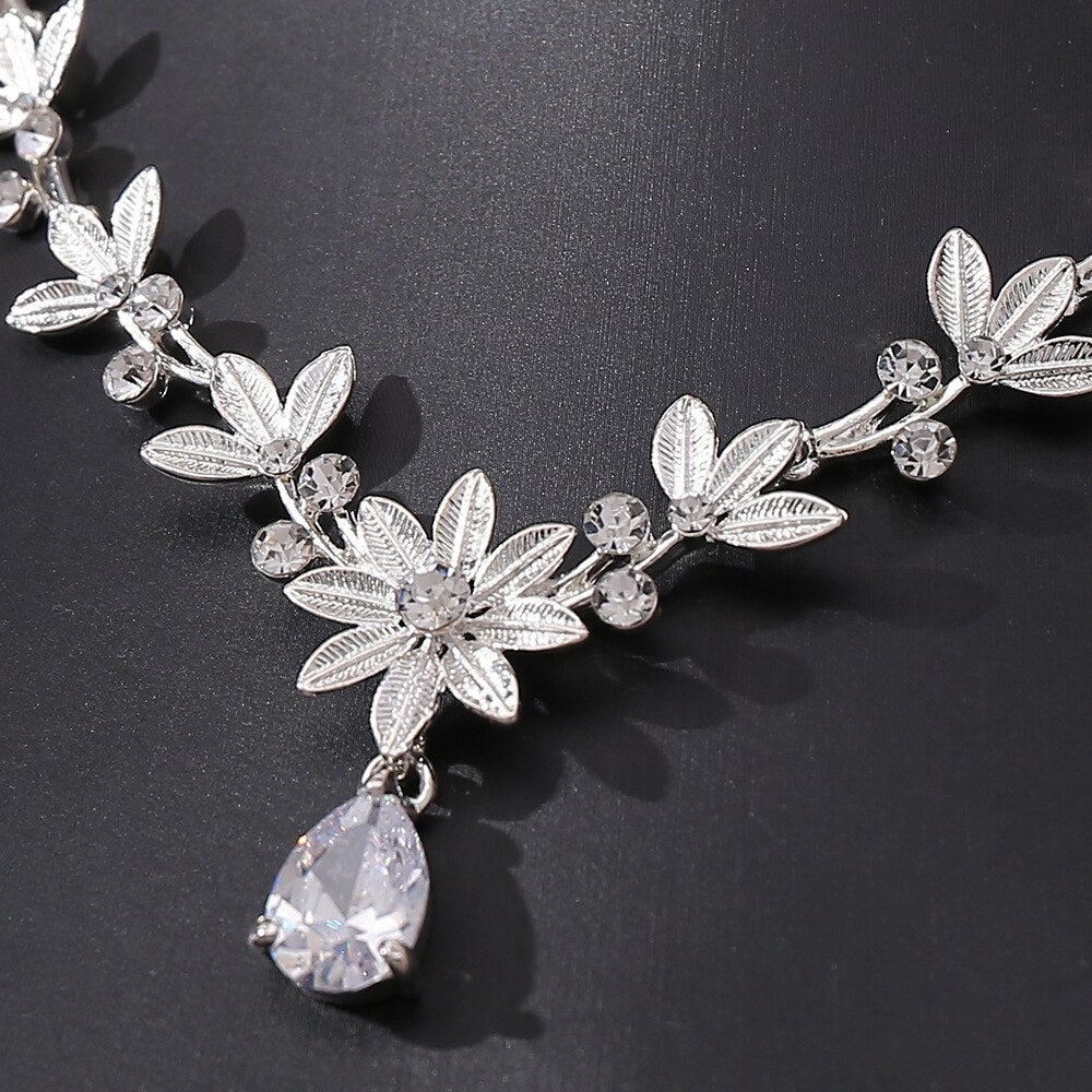 Crystal Leaf and Rhinestone Tiara, Necklace & Earrings Jewelry Set-Jewelry Sets-Innovato Design-Silver-Innovato Design