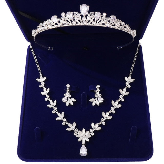 Crystal Leaf and Rhinestone Tiara, Necklace & Earrings Jewelry Set-Jewelry Sets-Innovato Design-Silver-Innovato Design