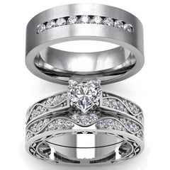 Cubic Zirconia and Heart Crystal & Rhinestones Stainless Steel Wedding Ring Set