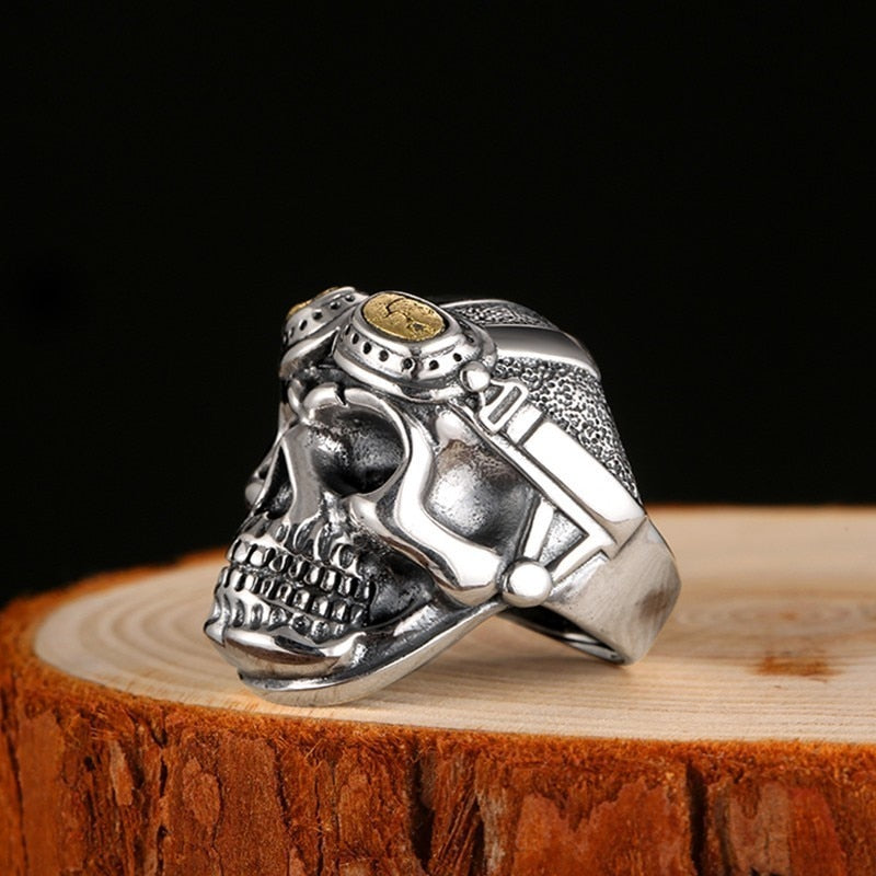 Gothic Skull Aviator Glasses 925 Sterling Silver Vintage Punk Biker Ring-Rings-Innovato Design-Innovato Design