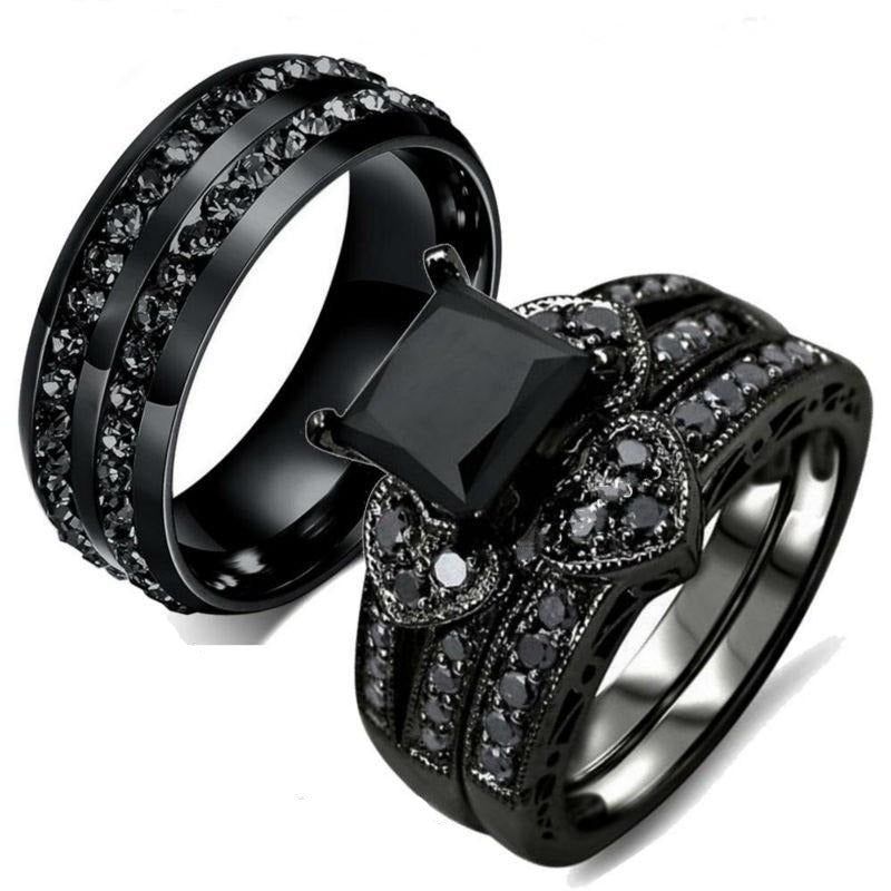 Black Cubic Zirconia and Rhinestones Heart Stainless Steel Ring Set-Couple Rings-Innovato Design-6-5-Innovato Design