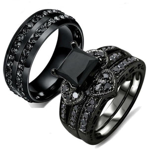 Black Cubic Zirconia and Rhinestones Heart Stainless Steel Ring Set-Couple Rings-Innovato Design-6-5-Innovato Design