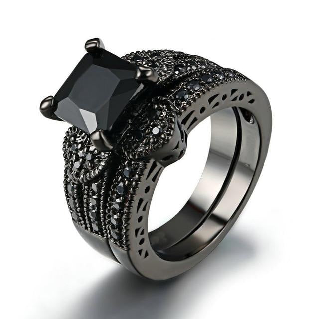 Black Cubic Zirconia and Rhinestones Heart Stainless Steel Ring Set-Couple Rings-Innovato Design-6-5-Innovato Design