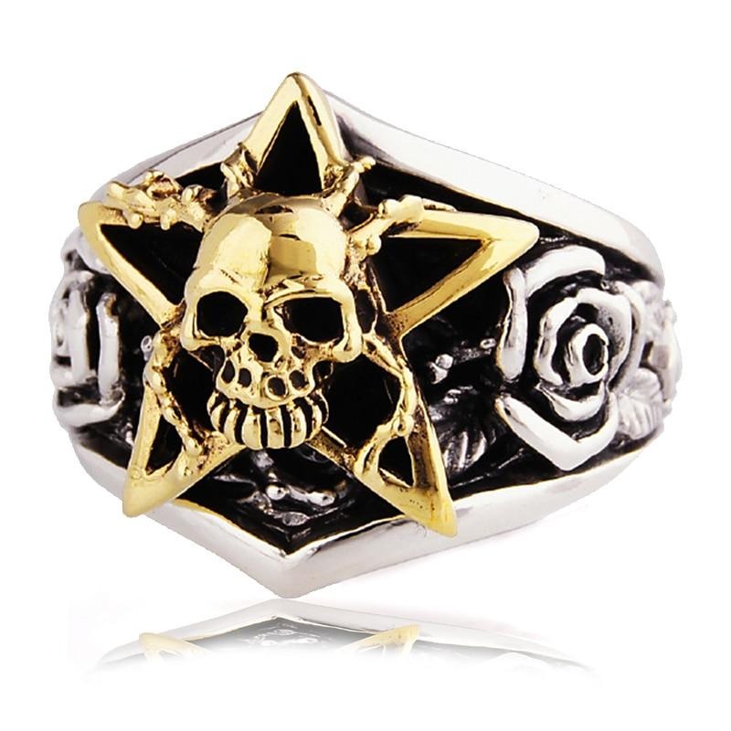 Gothic Gold-Plated Skull Star 925 Sterling Silver Vintage Punk Biker Ring-Rings-Innovato Design-7-Innovato Design