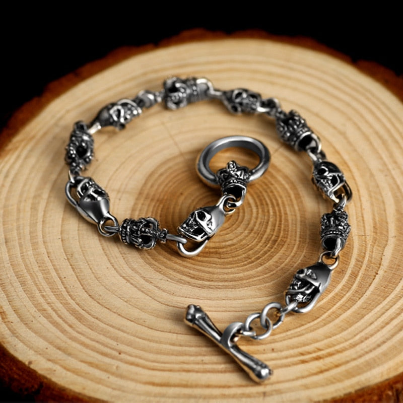 Gothic Skull and Crown 925 Sterling Silver Vintage Punk Biker Bracelet-Bracelets-Innovato Design-6.3in-Innovato Design