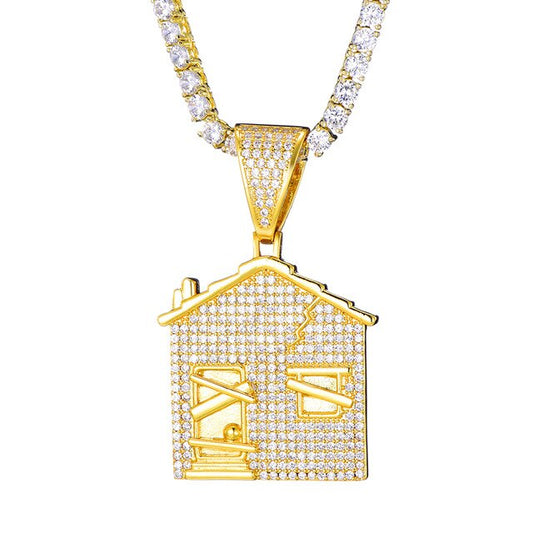 Cubic-Zirconia-Studded “The Bando” Trap House Hip-hop Pendant Necklace-Necklaces-Innovato Design-Gold-4mm Tennis-20in-Innovato Design