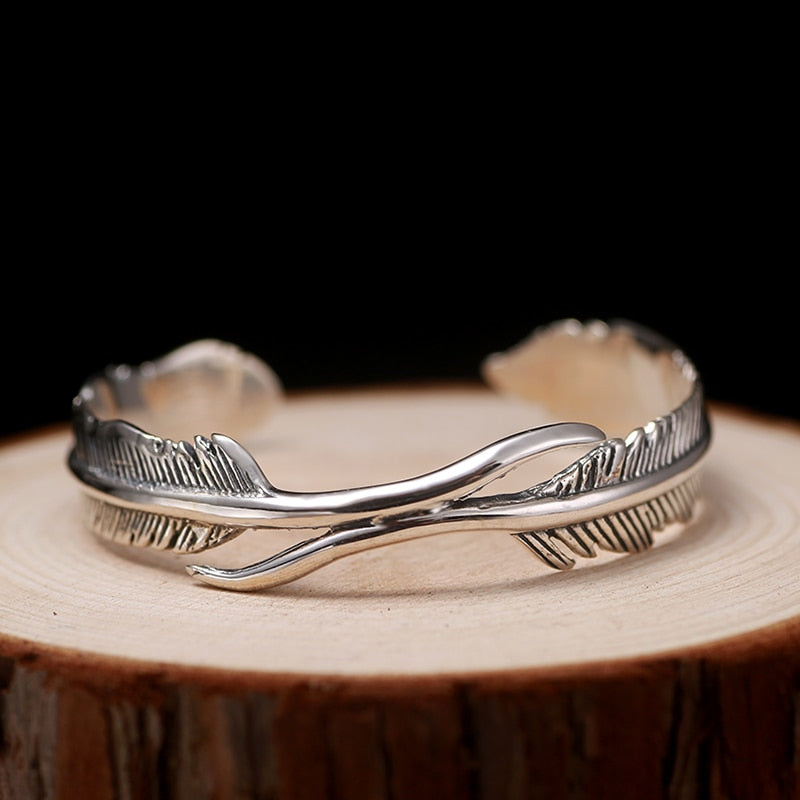 Feather Shape 925 Sterling Silver Classic Hip-hop Punk Rock Open Cuff Bracelet-Rings-Innovato Design-Innovato Design