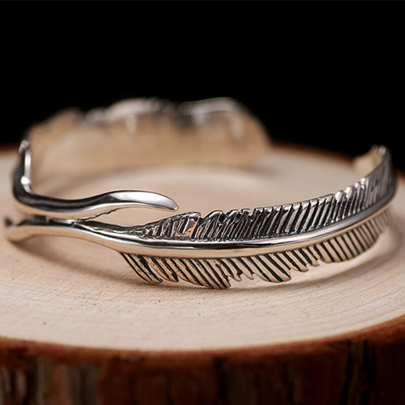 Feather Shape 925 Sterling Silver Classic Hip-hop Punk Rock Open Cuff Bracelet-Rings-Innovato Design-Innovato Design