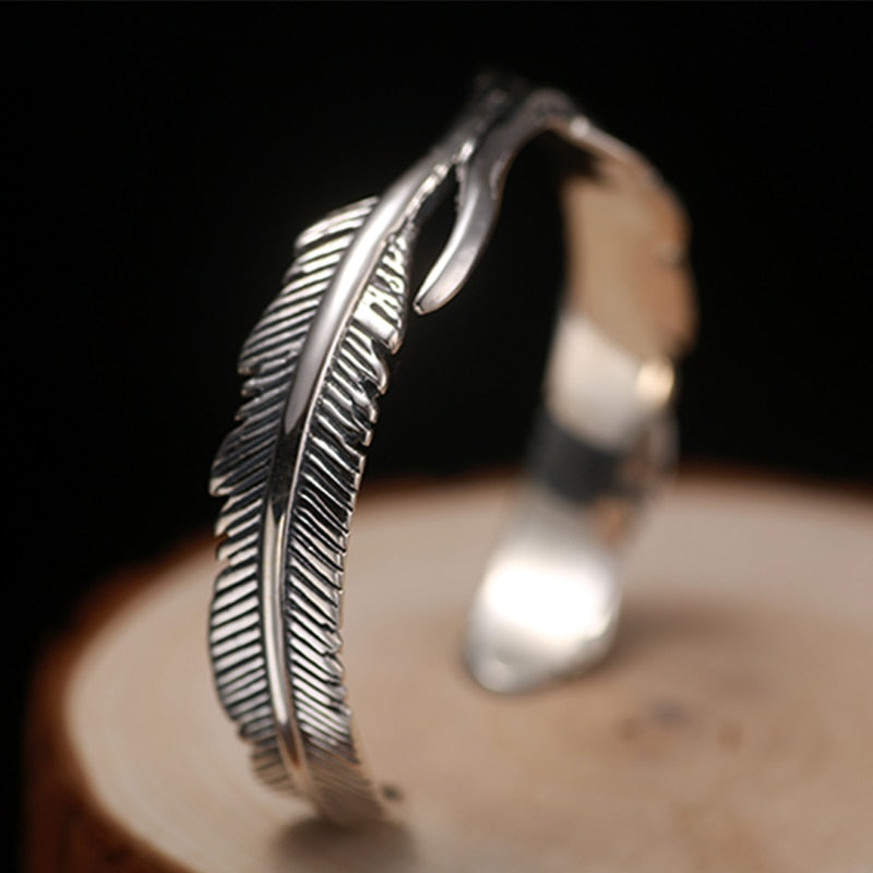 Feather Shape 925 Sterling Silver Classic Hip-hop Punk Rock Open Cuff Bracelet-Rings-Innovato Design-Innovato Design