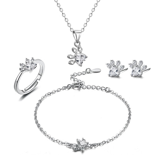 Dog Paw Cubic Zirconia Necklace, Bracelet, Earrings & Ring Jewelry Set-Jewelry Sets-Innovato Design-Silver-Innovato Design