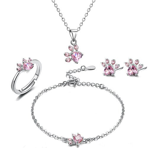 Dog Paw Cubic Zirconia Necklace, Bracelet, Earrings & Ring Jewelry Set-Jewelry Sets-Innovato Design-Pink Silver-Innovato Design