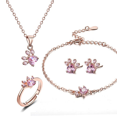 Dog Paw Cubic Zirconia Necklace, Bracelet, Earrings & Ring Jewelry Set-Jewelry Sets-Innovato Design-Rose Gold-Innovato Design