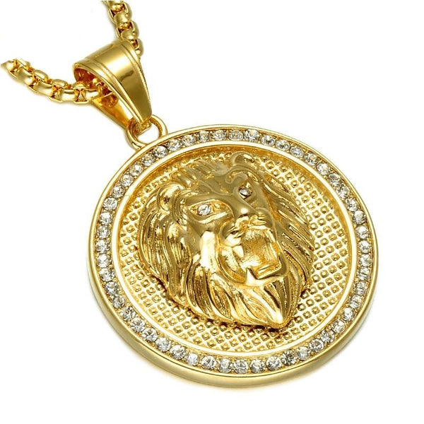 Rhinestone-Studded Gold-Plated Lion Head Bling Stainless Steel Hip-hop Pendant Necklace