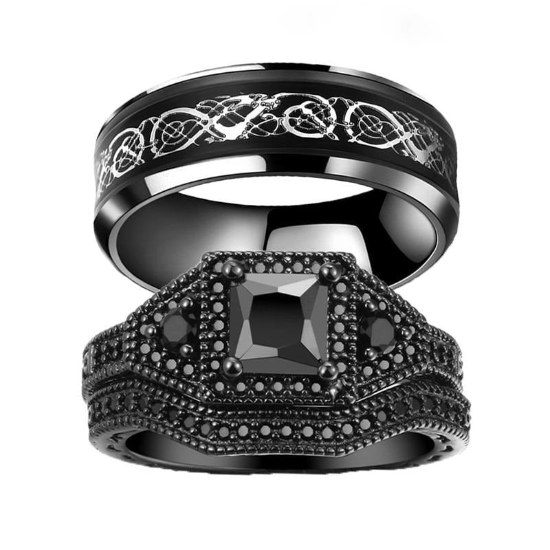 Silver Celtic Dragon Inlay and Black Cubic Zirconia Stainless Steel Wedding Ring Set-Couple Rings-Innovato Design-6-5-Innovato Design