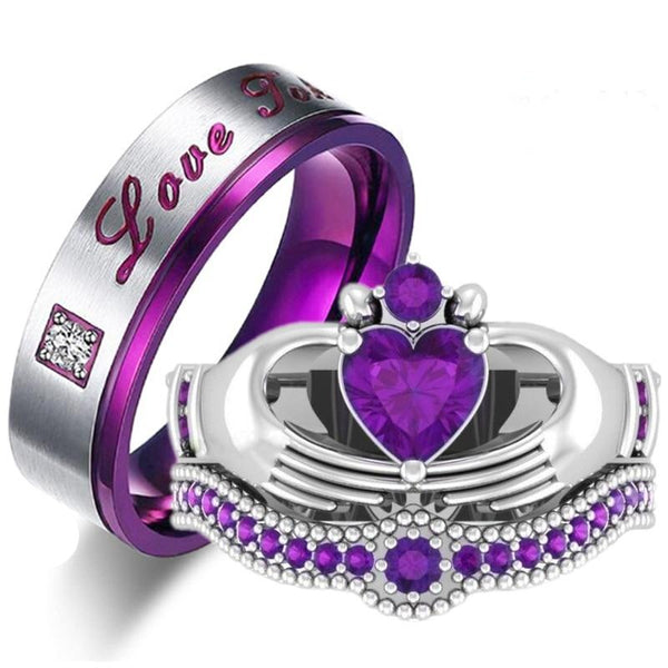 Purple/Silver and Purple Cubic Zirconia Stainless Steel Wedding Ring Set-Couple Rings-Innovato Design-5-5-Innovato Design